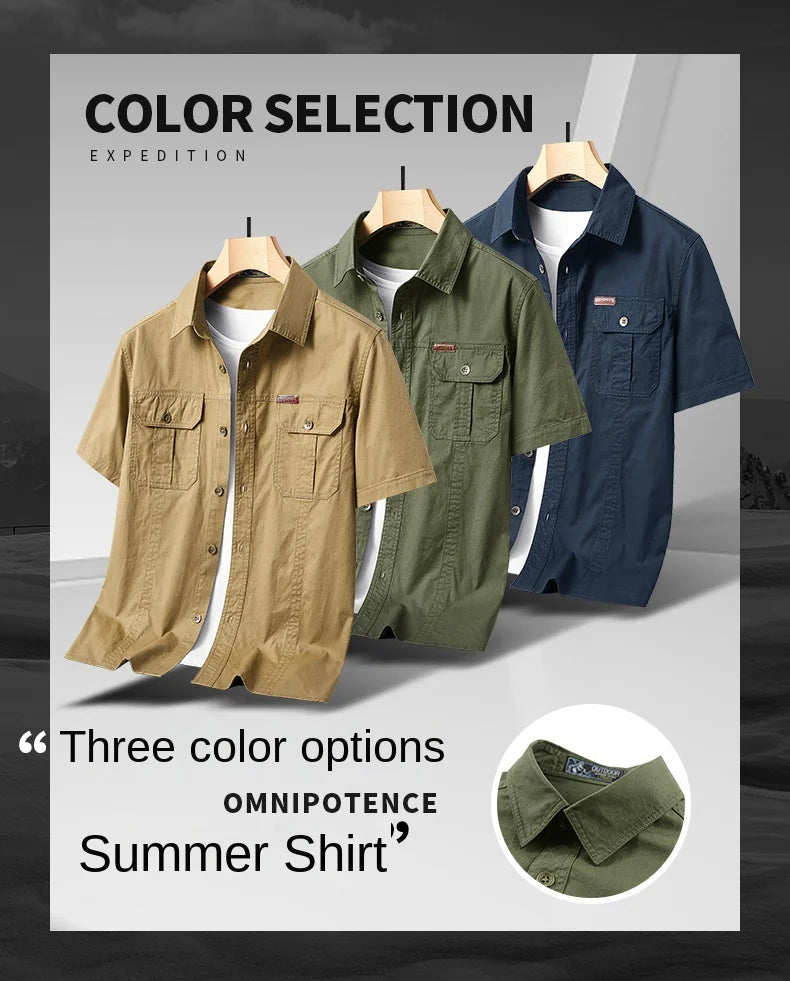 Summer Short Sleeve Shirt Men's 100 Cotton Refreshing Breathable Sweat Absorbing Shirt Climbing Work Clothes Pocket Brand Shirt