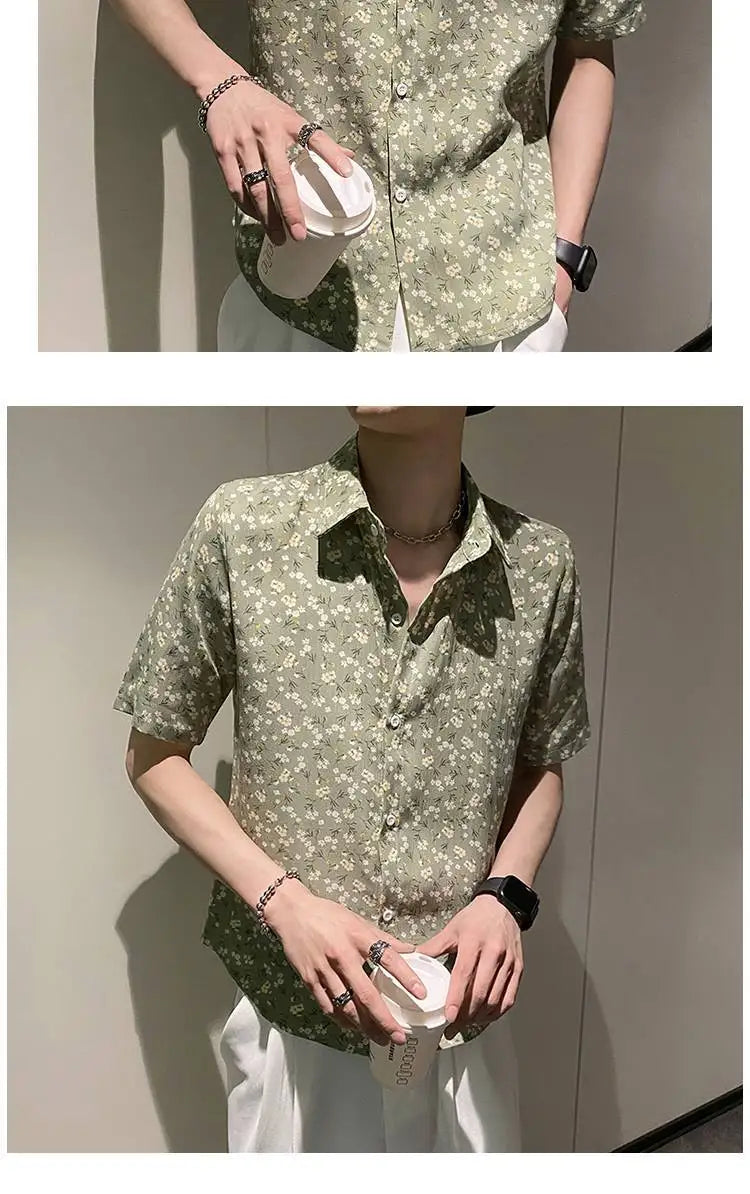 Summer Floral Shirt Men Short-sleeved Casual Loose New Casual Ice Silk Cardigan