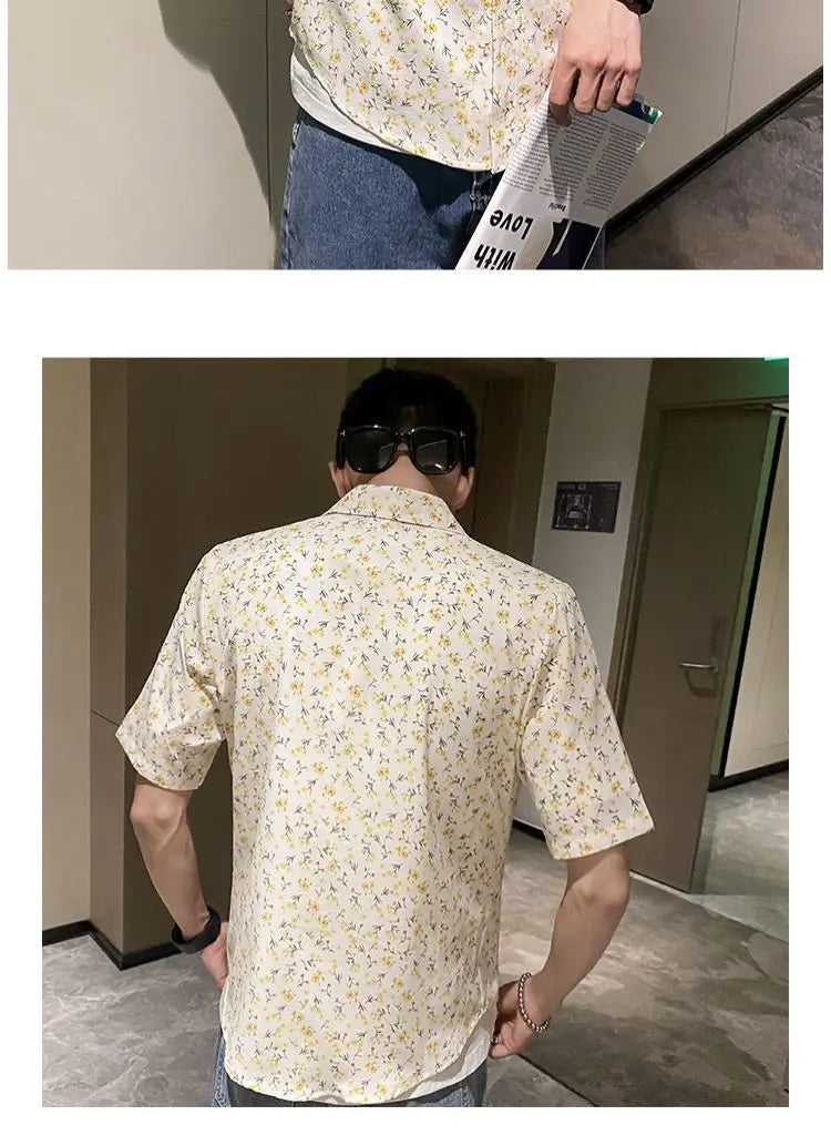 Summer Floral Shirt Men Short-sleeved Casual Loose New Casual Ice Silk Cardigan