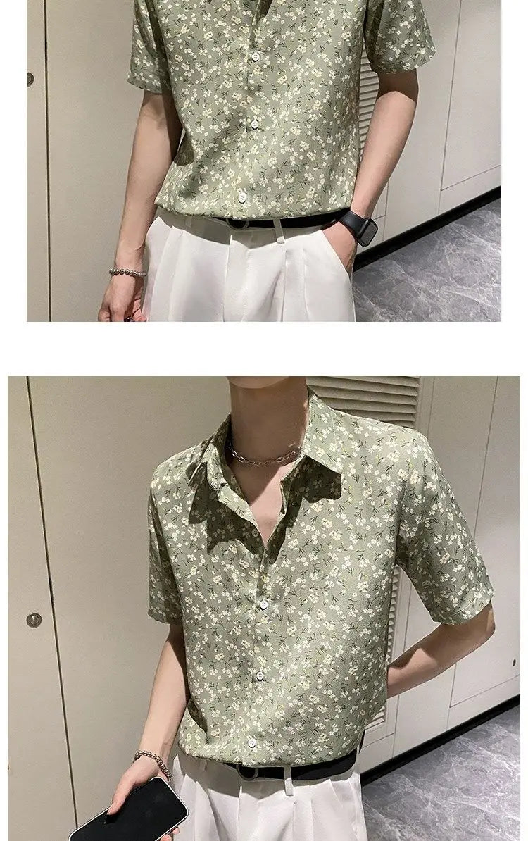 Summer Floral Shirt Men Short-sleeved Casual Loose New Casual Ice Silk Cardigan
