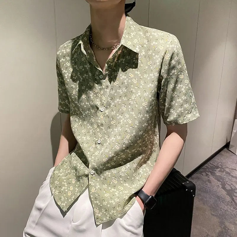 Summer Floral Shirt Men Short-sleeved Casual Loose New Casual Ice Silk Cardigan