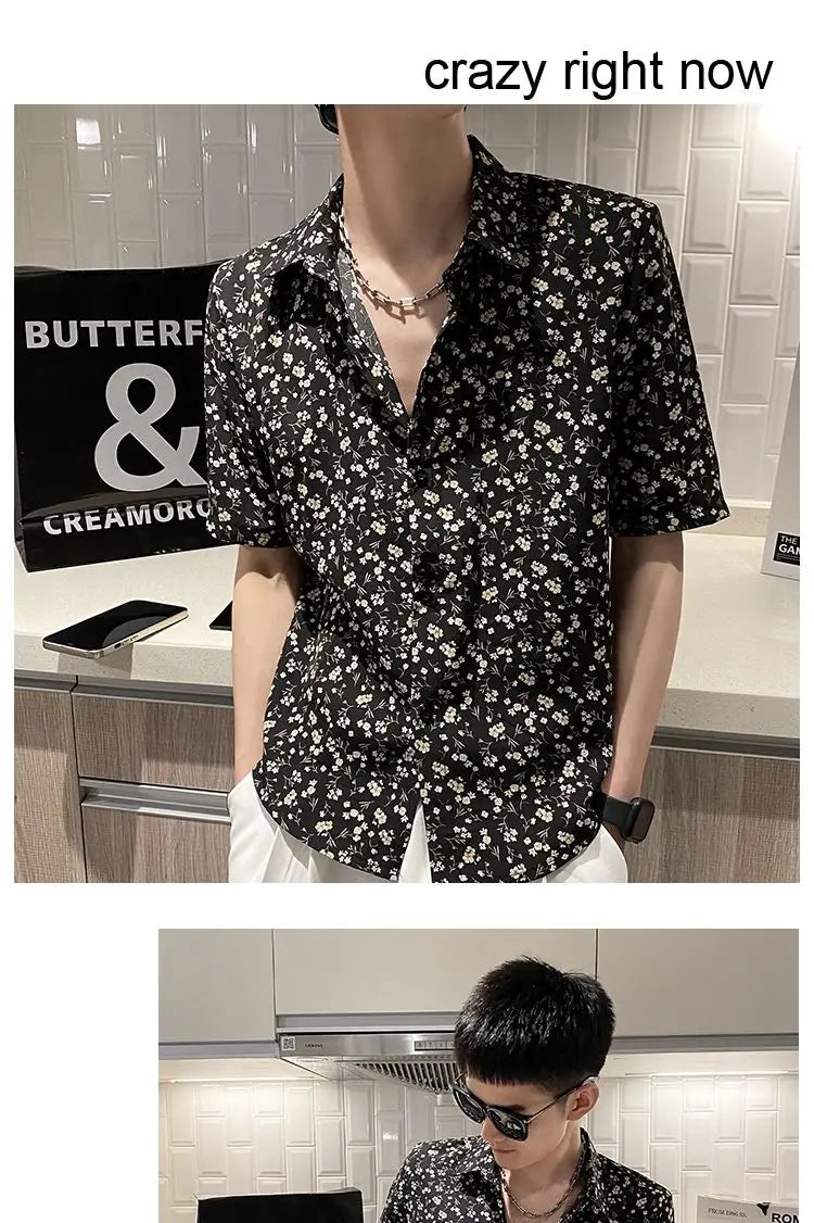 Summer Floral Shirt Men Short-sleeved Casual Loose New Casual Ice Silk Cardigan