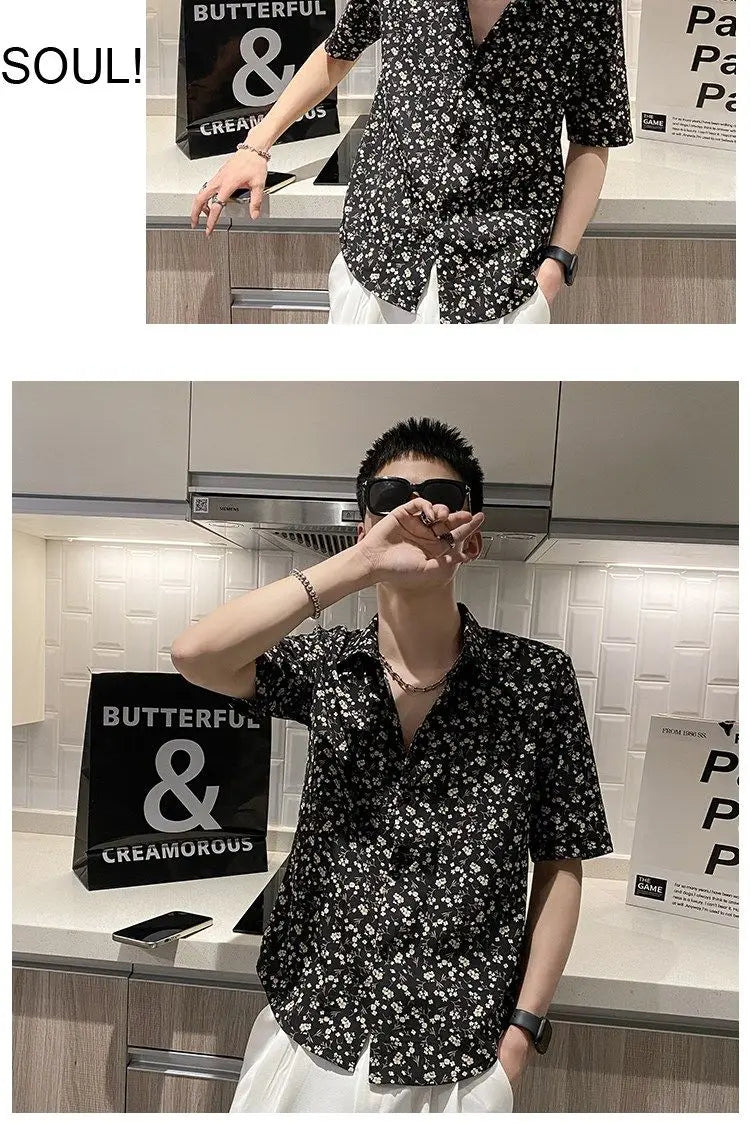 Summer Floral Shirt Men Short-sleeved Casual Loose New Casual Ice Silk Cardigan