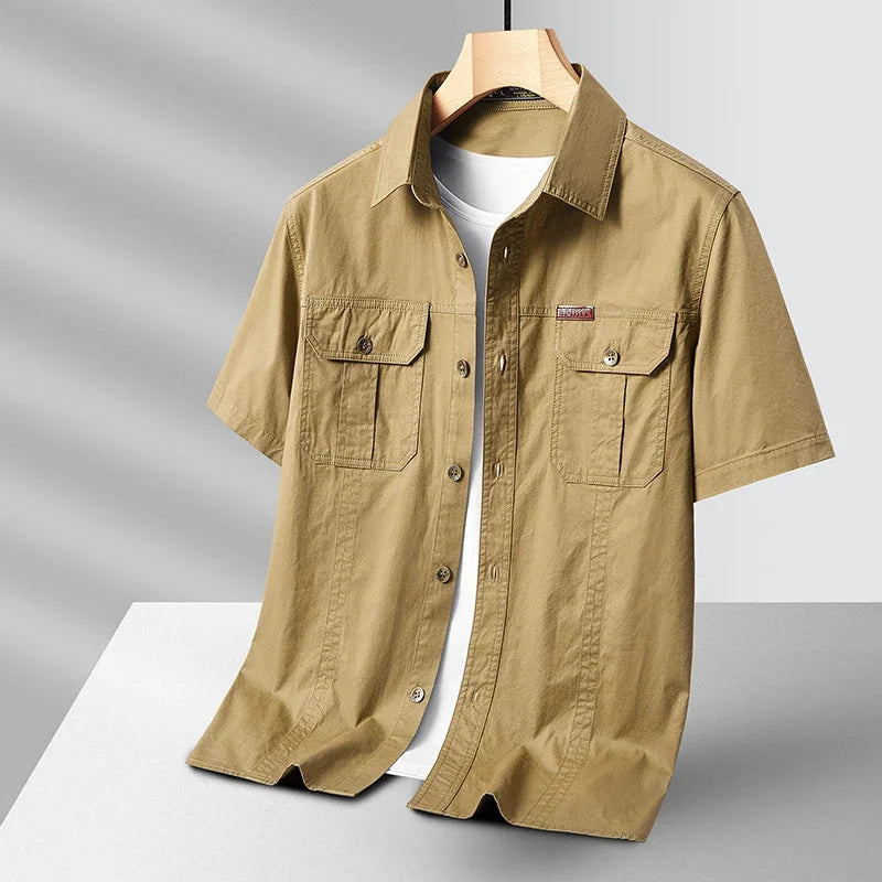 Summer Short Sleeve Shirt Men's 100 Cotton Refreshing Breathable Sweat Absorbing Shirt Climbing Work Clothes Pocket Brand Shirt