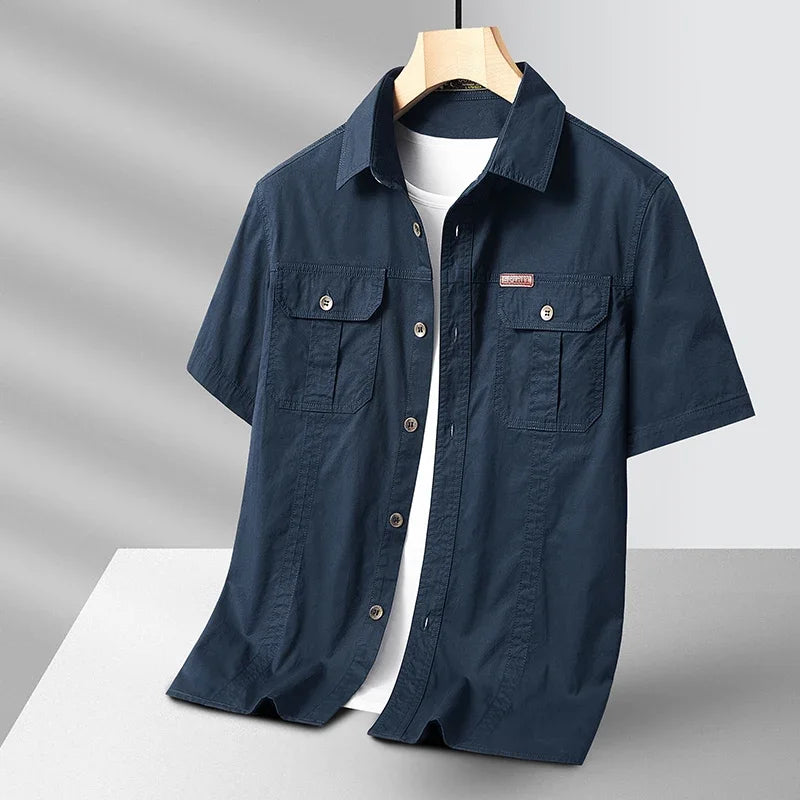 Summer Short Sleeve Shirt Men's 100 Cotton Refreshing Breathable Sweat Absorbing Shirt Climbing Work Clothes Pocket Brand Shirt