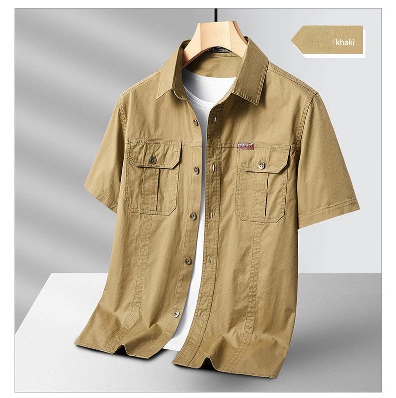 Summer Short Sleeve Shirt Men's 100 Cotton Refreshing Breathable Sweat Absorbing Shirt Climbing Work Clothes Pocket Brand Shirt