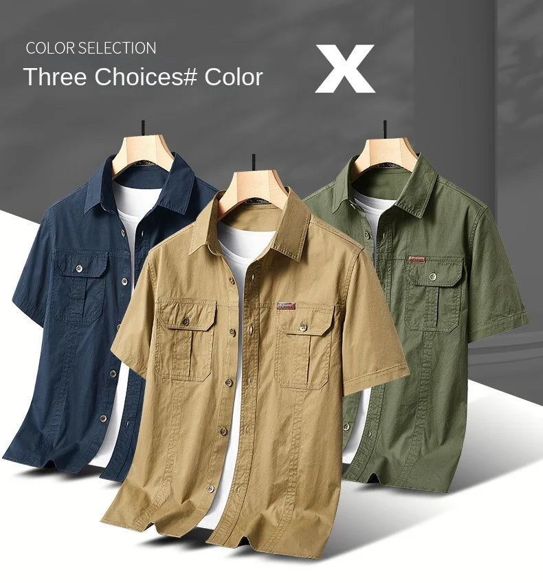 Summer Short Sleeve Shirt Men's 100 Cotton Refreshing Breathable Sweat Absorbing Shirt Climbing Work Clothes Pocket Brand Shirt
