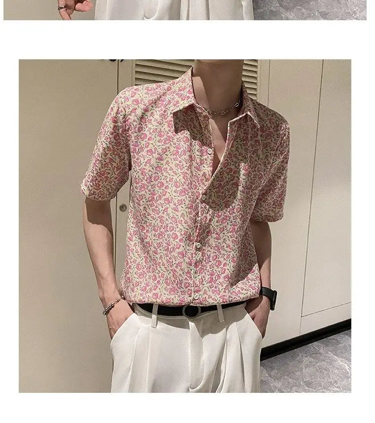 Summer Floral Shirt Men Short-sleeved Casual Loose New Casual Ice Silk Cardigan