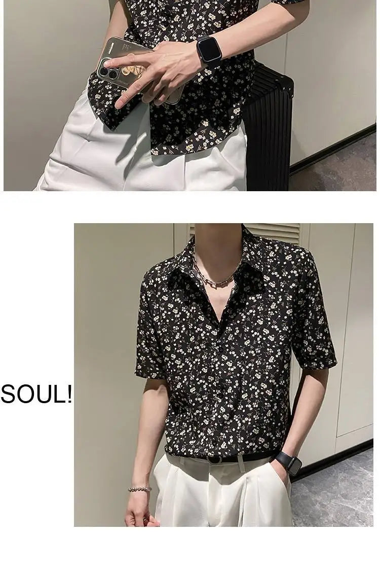 Summer Floral Shirt Men Short-sleeved Casual Loose New Casual Ice Silk Cardigan