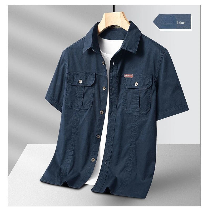 Summer Short Sleeve Shirt Men's 100 Cotton Refreshing Breathable Sweat Absorbing Shirt Climbing Work Clothes Pocket Brand Shirt
