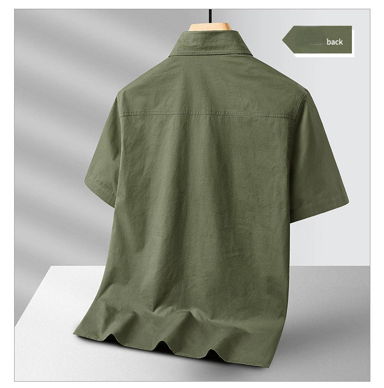 Summer Short Sleeve Shirt Men's 100 Cotton Refreshing Breathable Sweat Absorbing Shirt Climbing Work Clothes Pocket Brand Shirt
