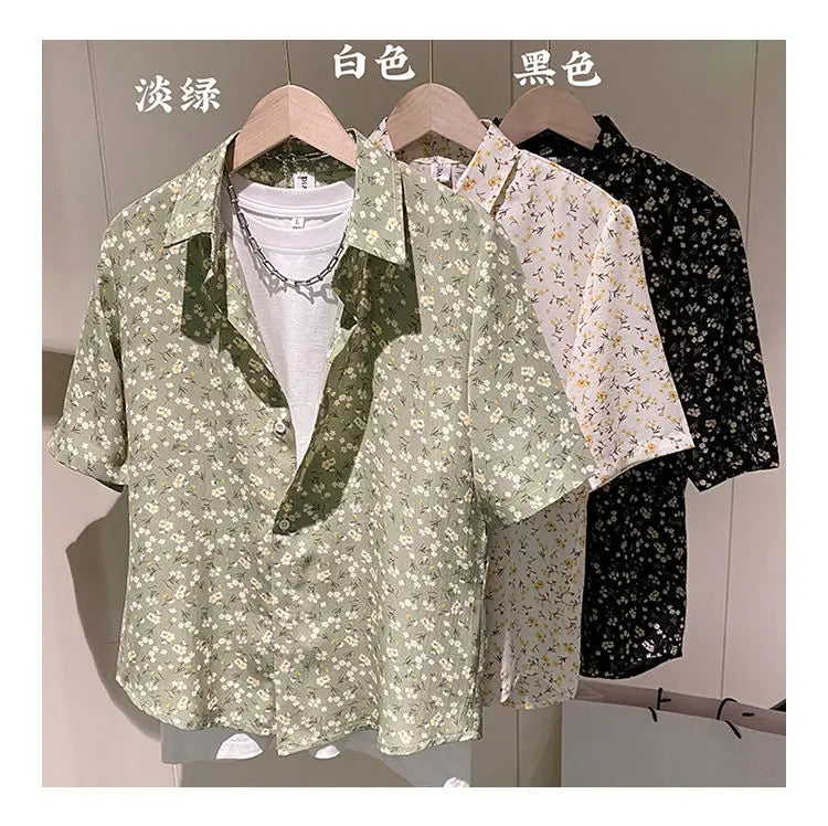 Summer Floral Shirt Men Short-sleeved Casual Loose New Casual Ice Silk Cardigan
