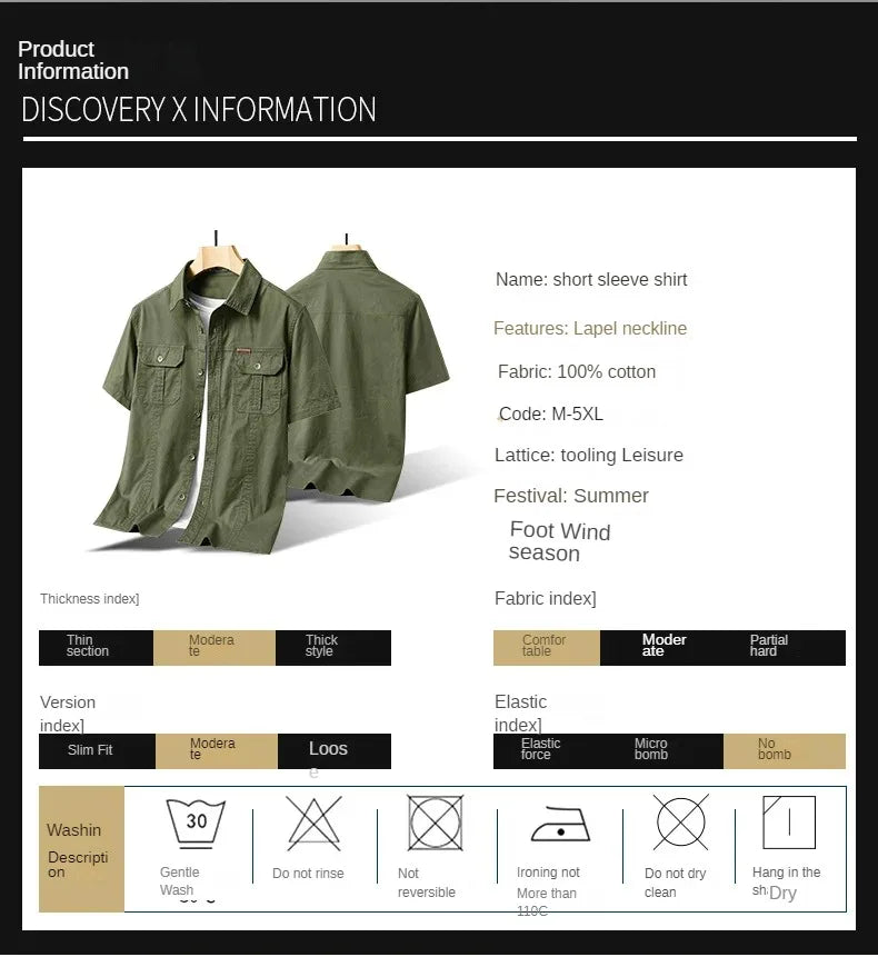 Summer Short Sleeve Shirt Men's 100 Cotton Refreshing Breathable Sweat Absorbing Shirt Climbing Work Clothes Pocket Brand Shirt