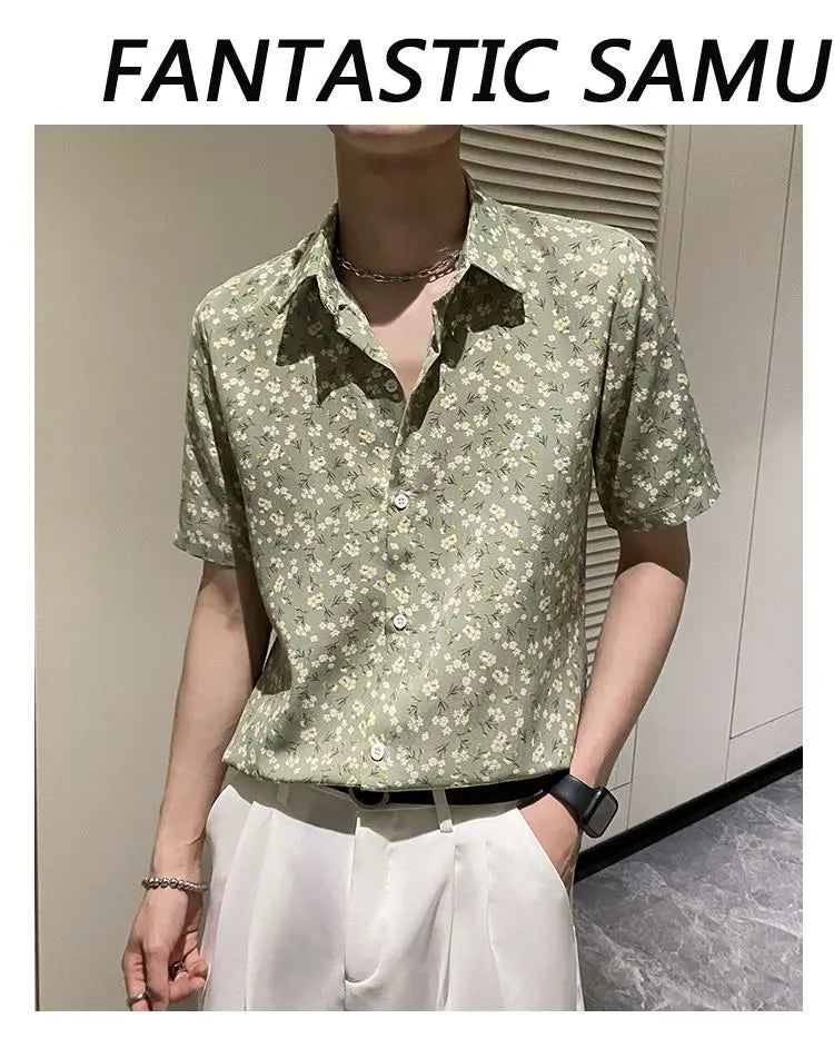 Summer Floral Shirt Men Short-sleeved Casual Loose New Casual Ice Silk Cardigan