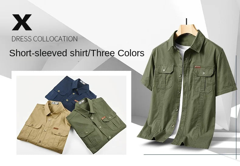 Summer Short Sleeve Shirt Men's 100 Cotton Refreshing Breathable Sweat Absorbing Shirt Climbing Work Clothes Pocket Brand Shirt