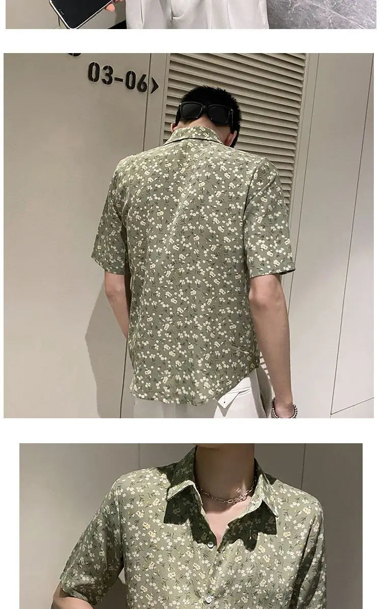 Summer Floral Shirt Men Short-sleeved Casual Loose New Casual Ice Silk Cardigan