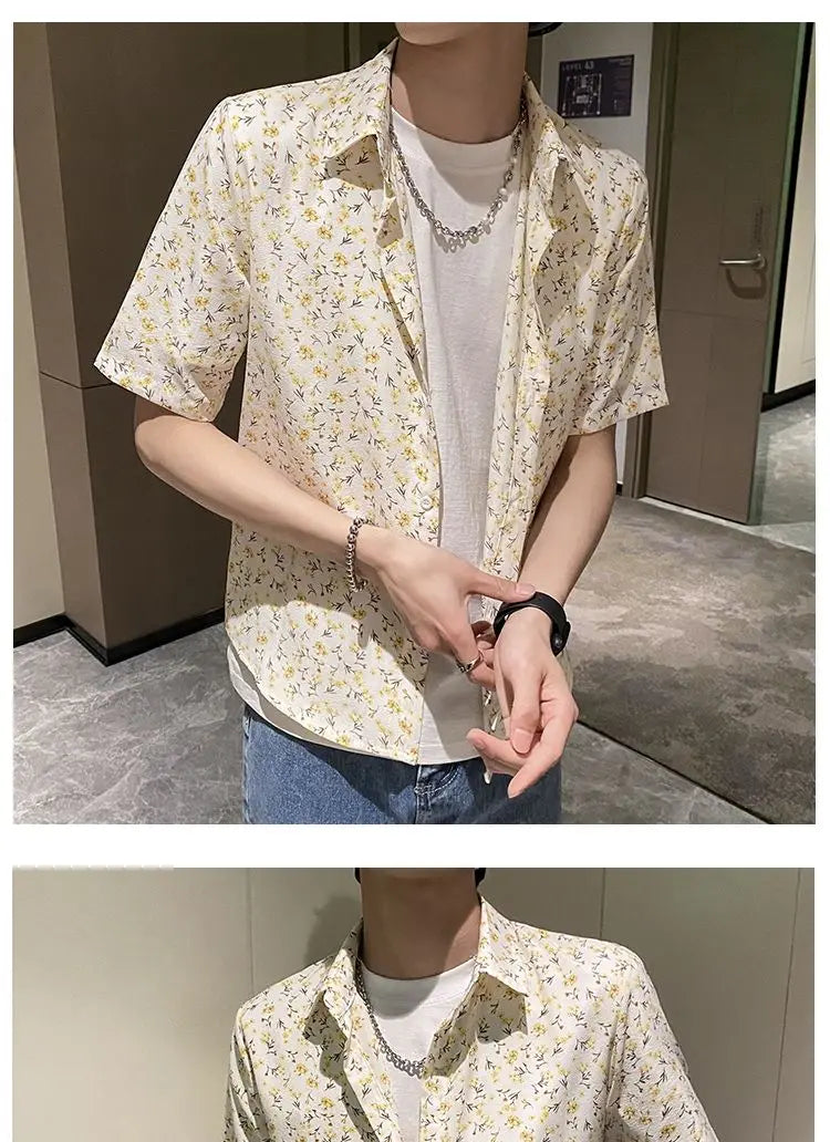 Summer Floral Shirt Men Short-sleeved Casual Loose New Casual Ice Silk Cardigan