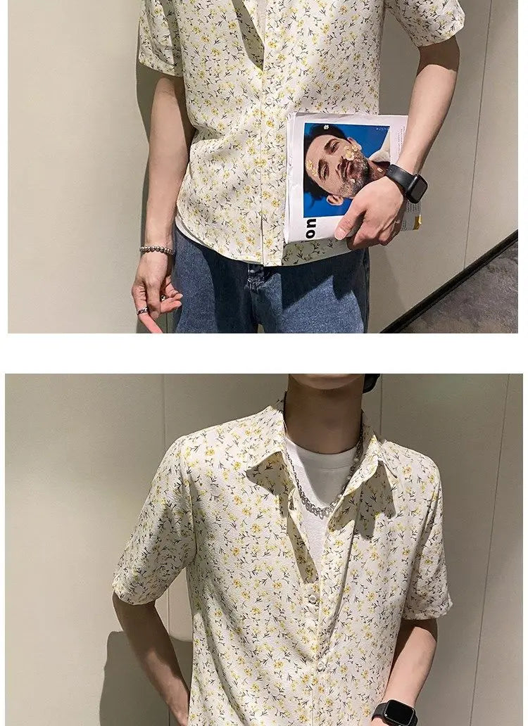 Summer Floral Shirt Men Short-sleeved Casual Loose New Casual Ice Silk Cardigan