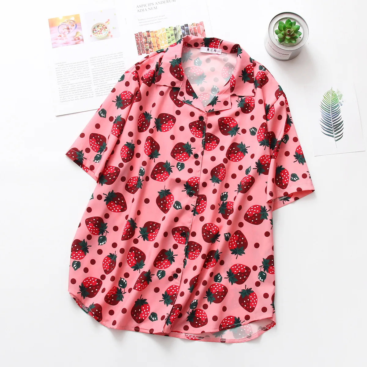 Summer Beach Women Shirt Top Harajuku Kawaii Girl Blouse Cute Strawberry Polka Dot Print Short Sleeve Blusa Female Hawaii Camisa