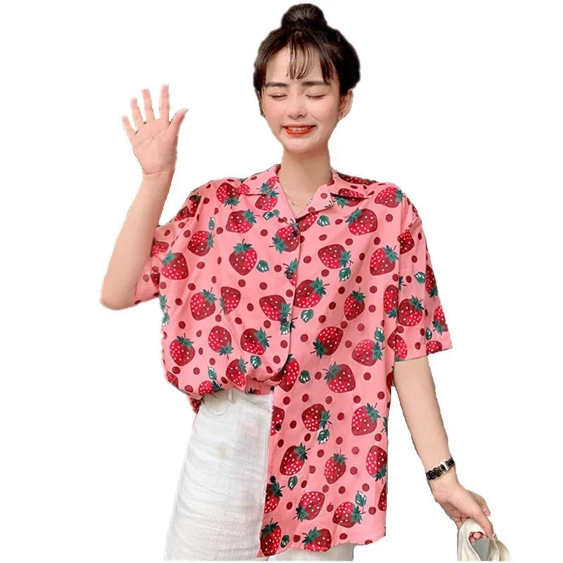 Summer Beach Women Shirt Top Harajuku Kawaii Girl Blouse Cute Strawberry Polka Dot Print Short Sleeve Blusa Female Hawaii Camisa