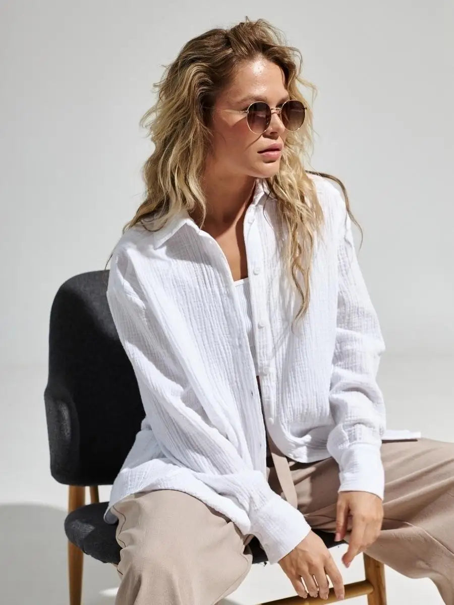 Summer Cotton Shirts for Women Breathable Long Sleeve Sunscreen Shirt Office Lady Solid Blouse Female Loose Chic Tops Outerwear