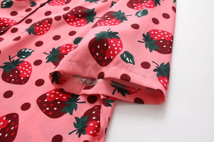 Summer Beach Women Shirt Top Harajuku Kawaii Girl Blouse Cute Strawberry Polka Dot Print Short Sleeve Blusa Female Hawaii Camisa