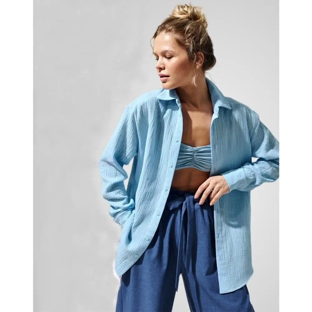 Summer Cotton Shirts for Women Breathable Long Sleeve Sunscreen Shirt Office Lady Solid Blouse Female Loose Chic Tops Outerwear