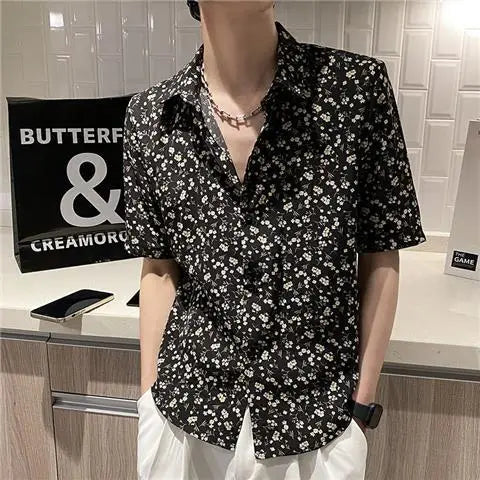 Summer Floral Shirt Men Short-sleeved Casual Loose New Casual Ice Silk Cardigan