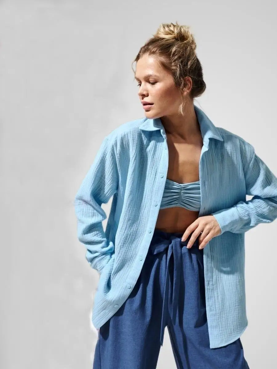 Summer Cotton Shirts for Women Breathable Long Sleeve Sunscreen Shirt Office Lady Solid Blouse Female Loose Chic Tops Outerwear