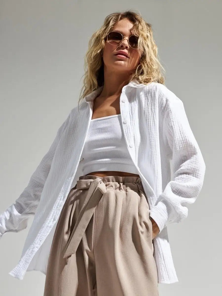 Summer Cotton Shirts for Women Breathable Long Sleeve Sunscreen Shirt Office Lady Solid Blouse Female Loose Chic Tops Outerwear