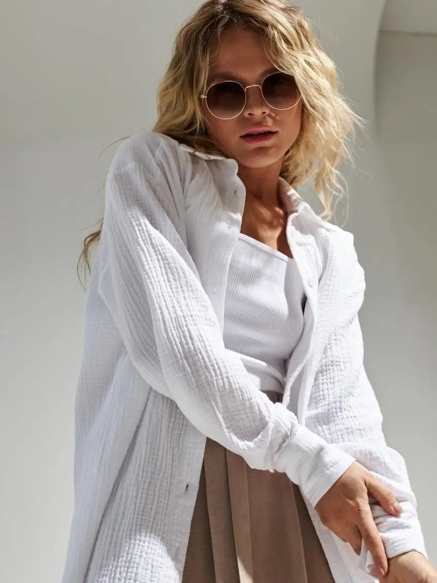 Summer Cotton Shirts for Women Breathable Long Sleeve Sunscreen Shirt Office Lady Solid Blouse Female Loose Chic Tops Outerwear