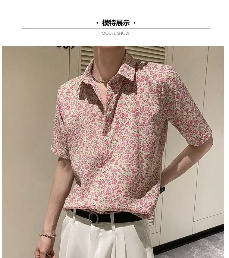 Summer Floral Shirt Men Short-sleeved Casual Loose New Casual Ice Silk Cardigan