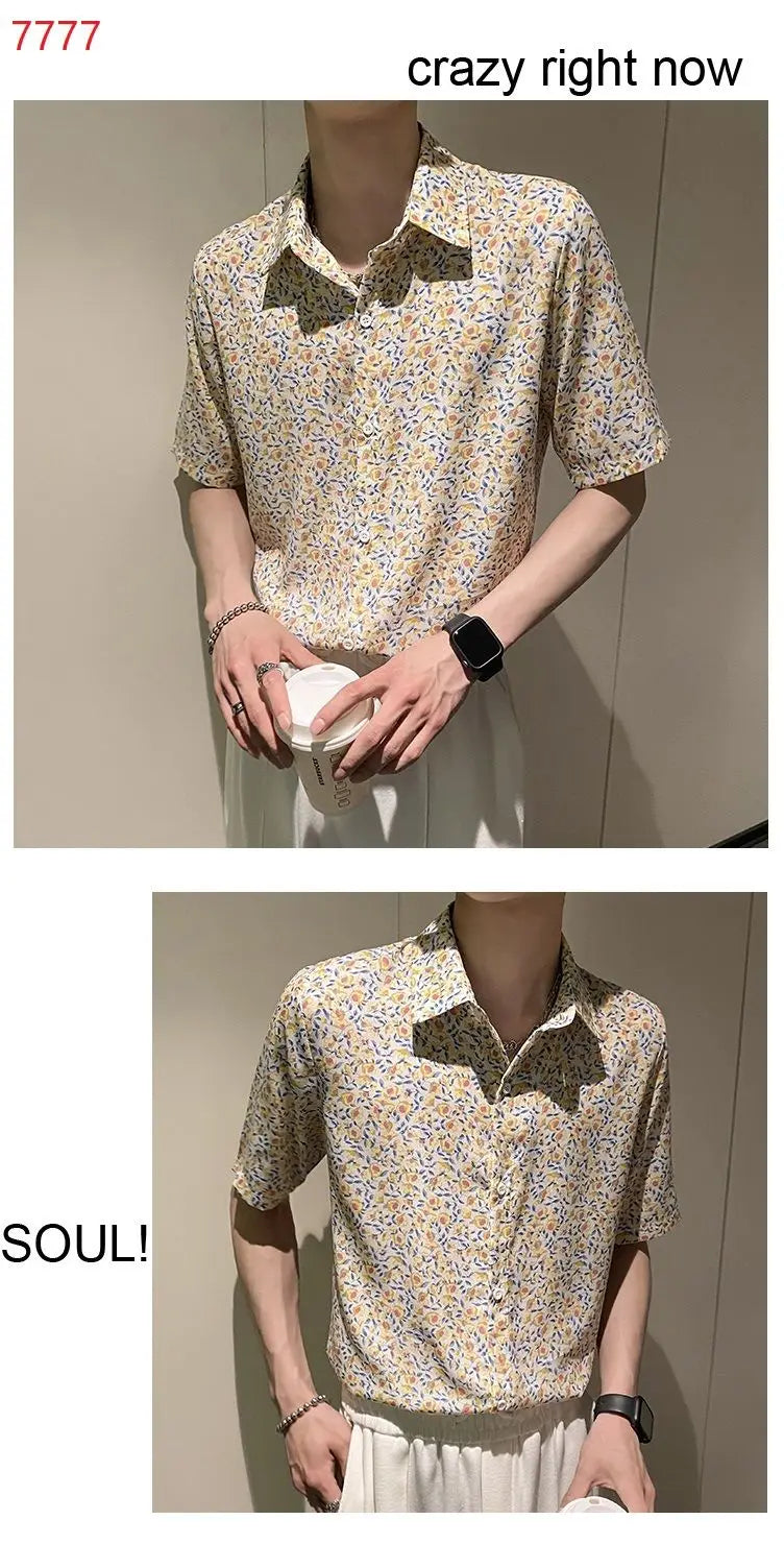 Summer Floral Shirt Men Short-sleeved Casual Loose New Casual Ice Silk Cardigan