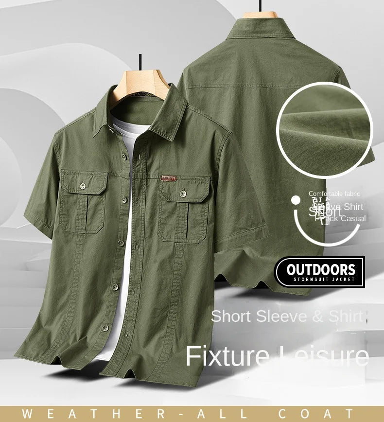 Summer Short Sleeve Shirt Men's 100 Cotton Refreshing Breathable Sweat Absorbing Shirt Climbing Work Clothes Pocket Brand Shirt