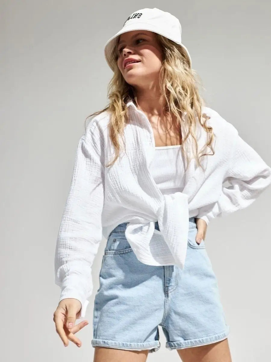 Summer Cotton Shirts for Women Breathable Long Sleeve Sunscreen Shirt Office Lady Solid Blouse Female Loose Chic Tops Outerwear