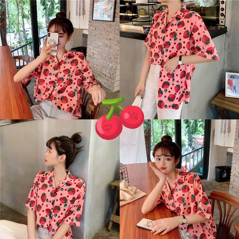 Summer Beach Women Shirt Top Harajuku Kawaii Girl Blouse Cute Strawberry Polka Dot Print Short Sleeve Blusa Female Hawaii Camisa
