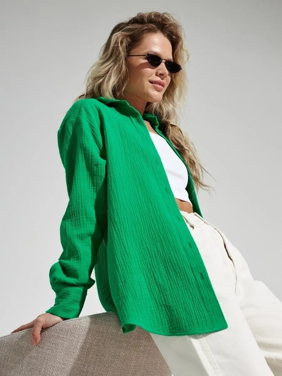 Summer Cotton Shirts for Women Breathable Long Sleeve Sunscreen Shirt Office Lady Solid Blouse Female Loose Chic Tops Outerwear