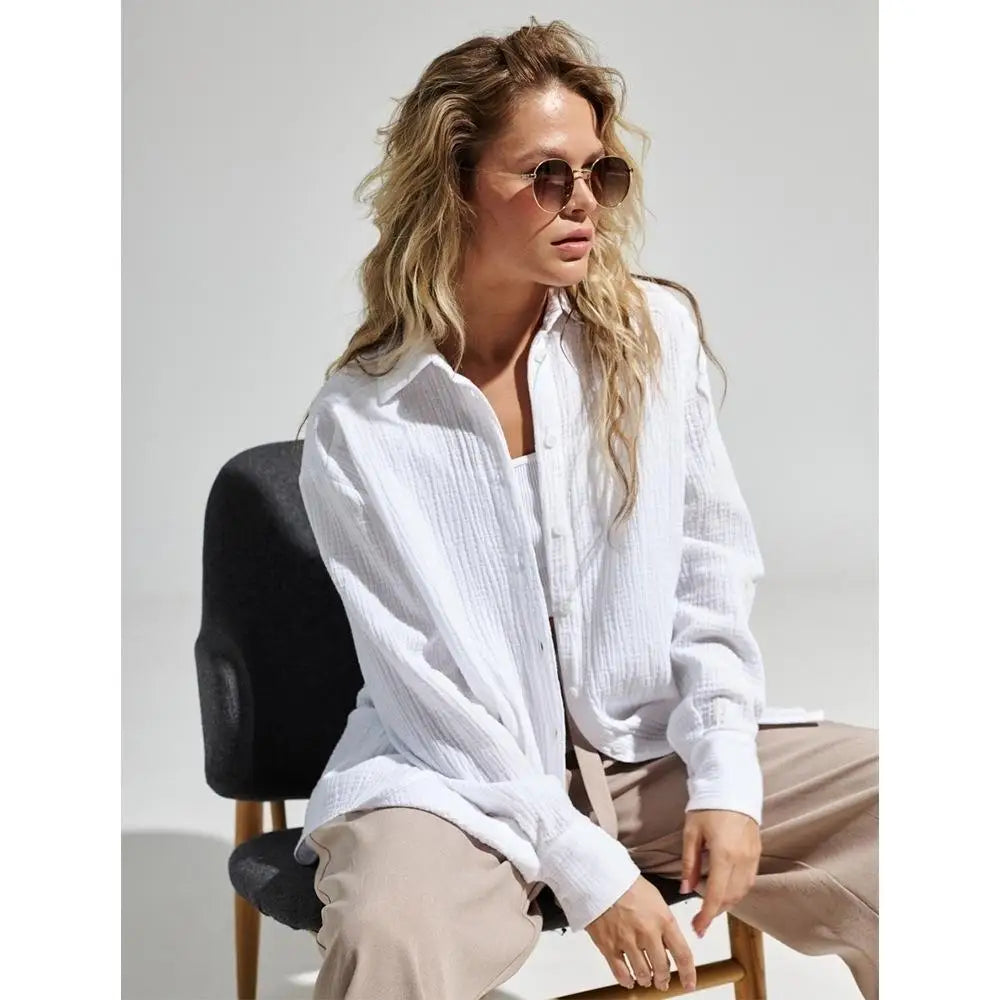 Summer Cotton Shirts for Women Breathable Long Sleeve Sunscreen Shirt Office Lady Solid Blouse Female Loose Chic Tops Outerwear