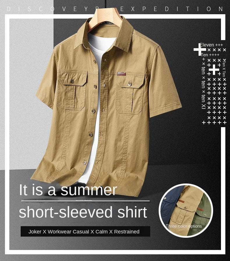 Summer Short Sleeve Shirt Men's 100 Cotton Refreshing Breathable Sweat Absorbing Shirt Climbing Work Clothes Pocket Brand Shirt