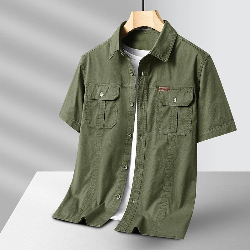 Summer Short Sleeve Shirt Men's 100 Cotton Refreshing Breathable Sweat Absorbing Shirt Climbing Work Clothes Pocket Brand Shirt
