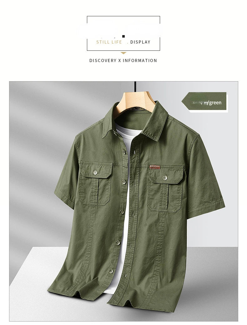 Summer Short Sleeve Shirt Men's 100 Cotton Refreshing Breathable Sweat Absorbing Shirt Climbing Work Clothes Pocket Brand Shirt
