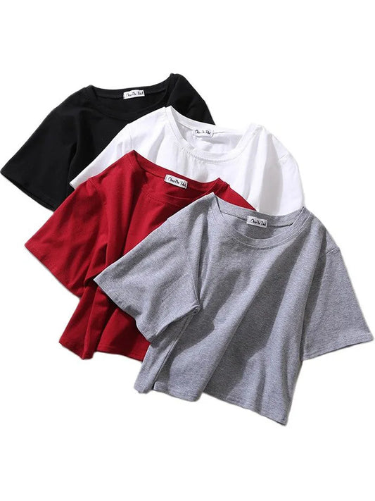 Summer Short Sleeve T Shirts Women  Solid T-shirt O Neck High Waist Crop Top Tee Female Casual Loose T Shirt
