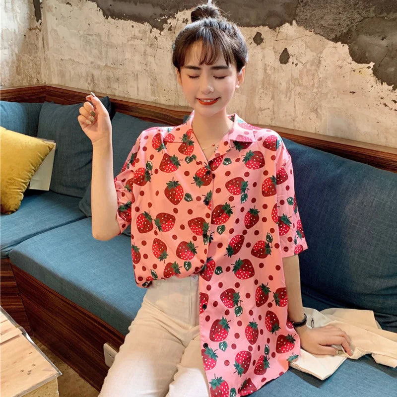 Summer Beach Women Shirt Top Harajuku Kawaii Girl Blouse Cute Strawberry Polka Dot Print Short Sleeve Blusa Female Hawaii Camisa