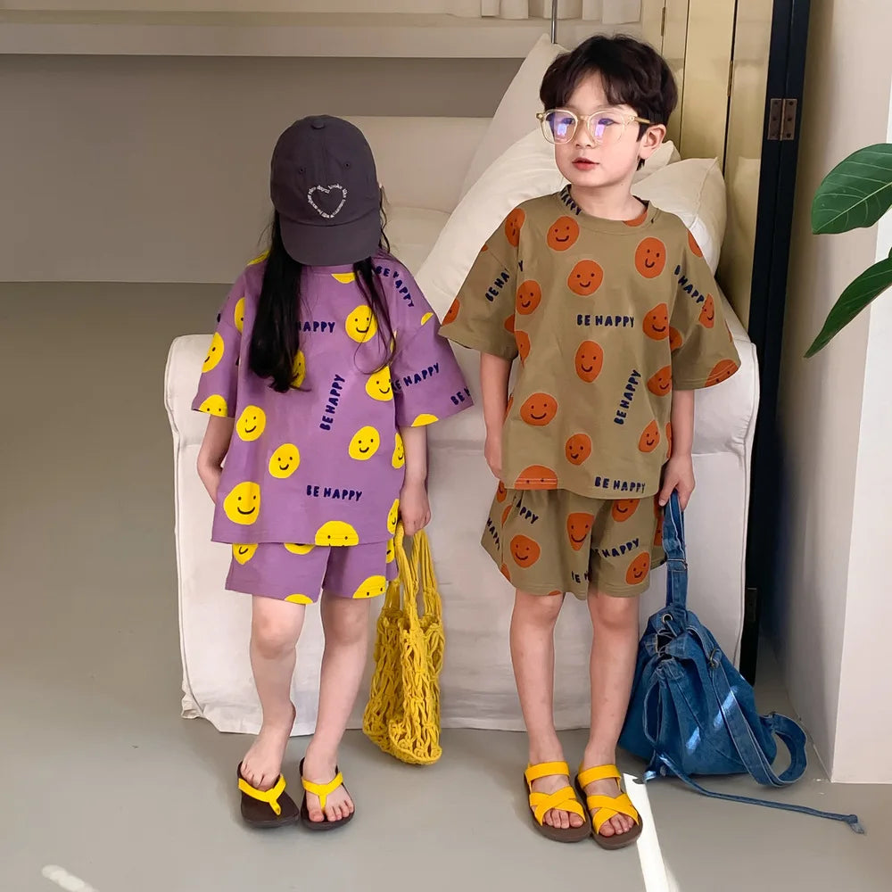 Summer T-shirt  Children's Casual Suit  Men's and Women's Short Sleeved Shorts  Cartoon Smiling Face Print Two-piece Set