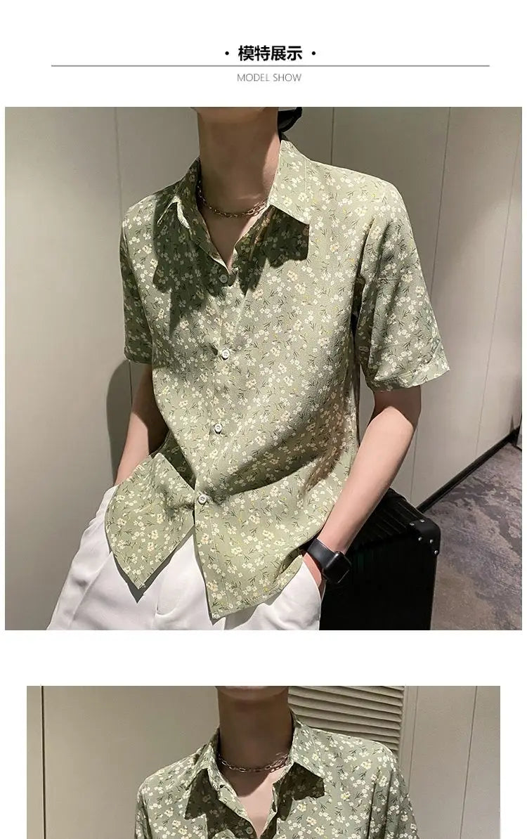 Summer Floral Shirt Men Short-sleeved Casual Loose New Casual Ice Silk Cardigan