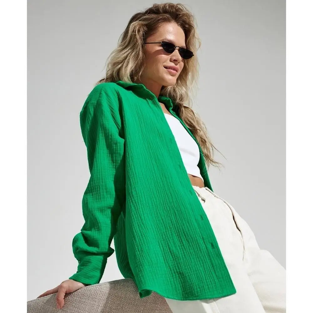 Summer Cotton Shirts for Women Breathable Long Sleeve Sunscreen Shirt Office Lady Solid Blouse Female Loose Chic Tops Outerwear