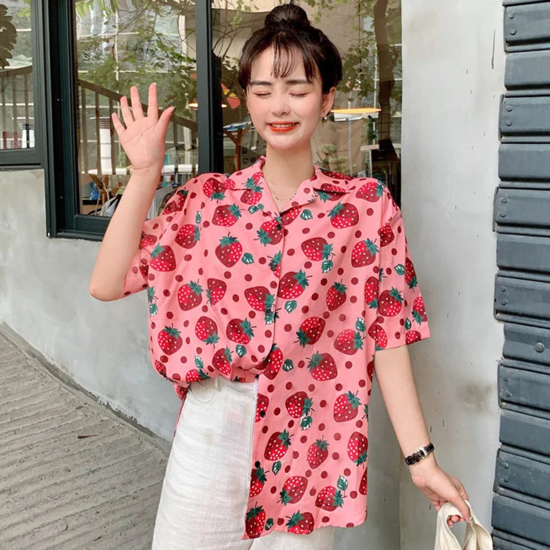 Summer Beach Women Shirt Top Harajuku Kawaii Girl Blouse Cute Strawberry Polka Dot Print Short Sleeve Blusa Female Hawaii Camisa