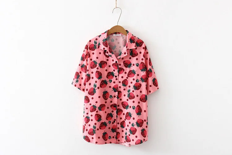 Summer Beach Women Shirt Top Harajuku Kawaii Girl Blouse Cute Strawberry Polka Dot Print Short Sleeve Blusa Female Hawaii Camisa