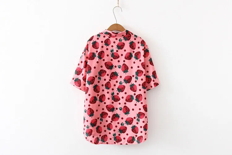 Summer Beach Women Shirt Top Harajuku Kawaii Girl Blouse Cute Strawberry Polka Dot Print Short Sleeve Blusa Female Hawaii Camisa